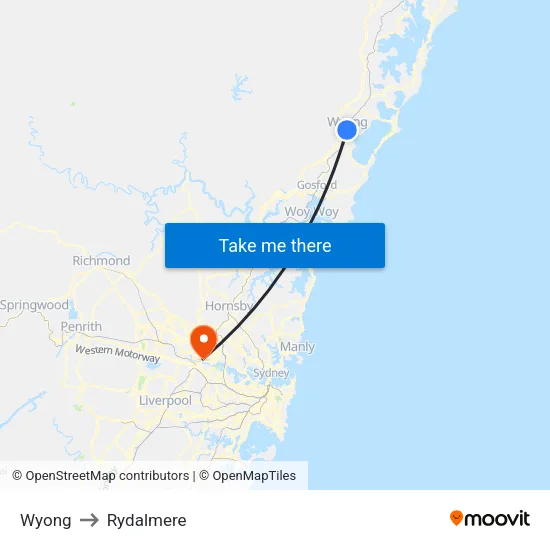 Wyong to Rydalmere map