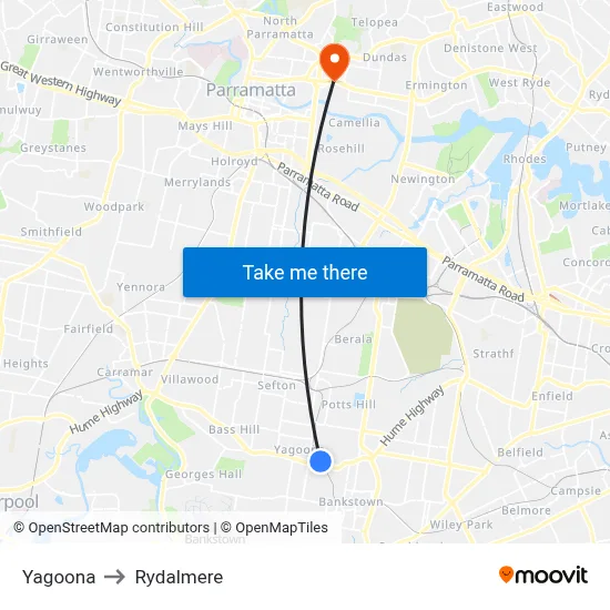 Yagoona to Rydalmere map