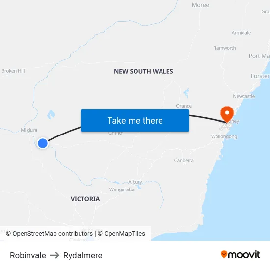 Robinvale to Rydalmere map