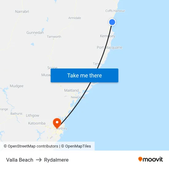 Valla Beach to Rydalmere map