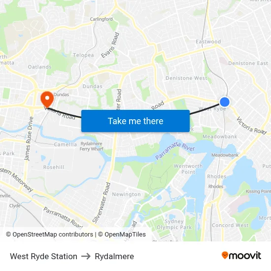 West Ryde Station to Rydalmere map