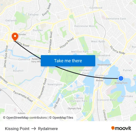 Kissing Point to Rydalmere map