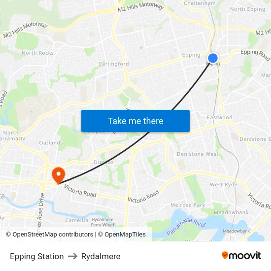 Epping Station to Rydalmere map
