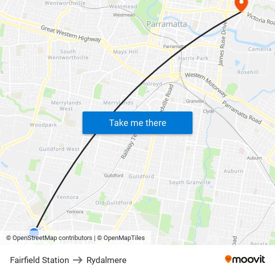 Fairfield Station to Rydalmere map