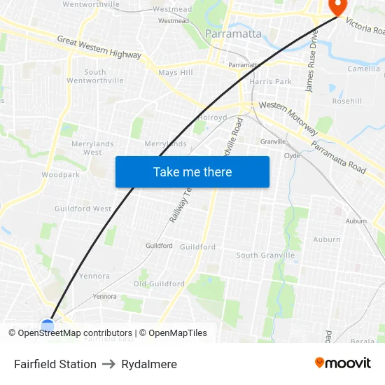 Fairfield Station to Rydalmere map