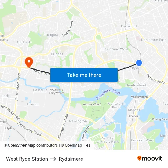 West Ryde Station to Rydalmere map