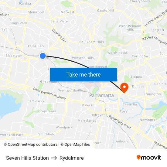 Seven Hills Station to Rydalmere map
