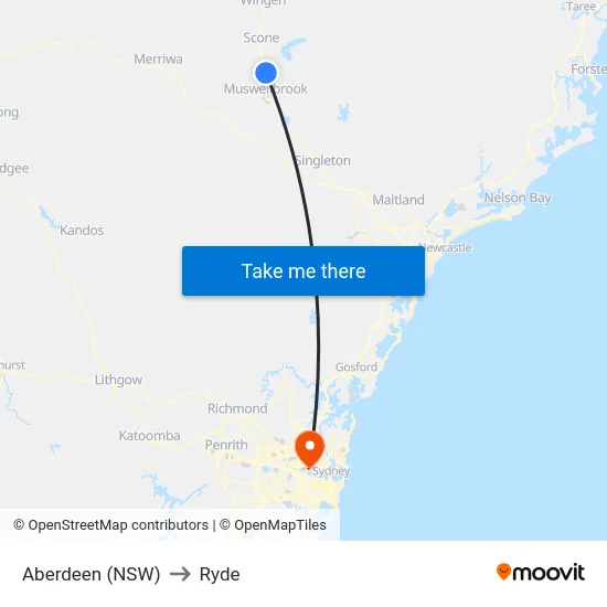 Aberdeen (NSW) to Ryde map