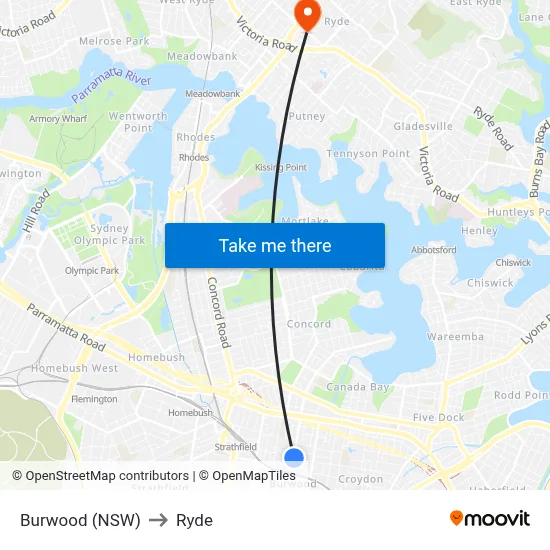 Burwood (NSW) to Ryde map
