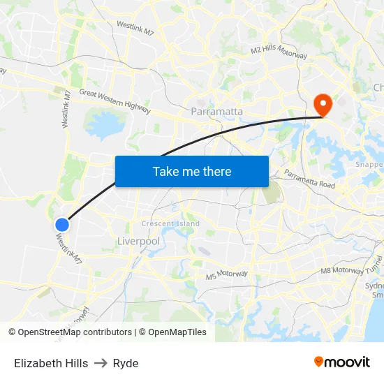 Elizabeth Hills to Ryde map