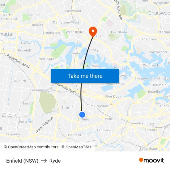 Enfield (NSW) to Ryde map