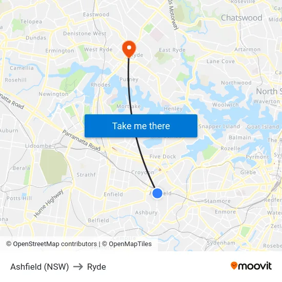 Ashfield (NSW) to Ryde map