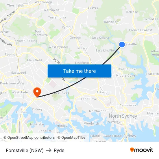 Forestville (NSW) to Ryde map