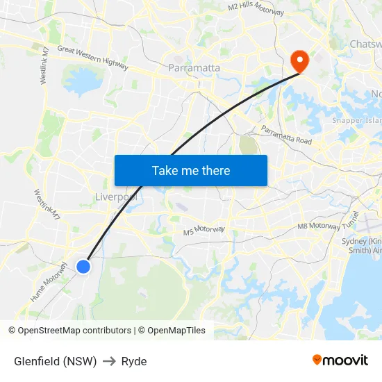 Glenfield (NSW) to Ryde map