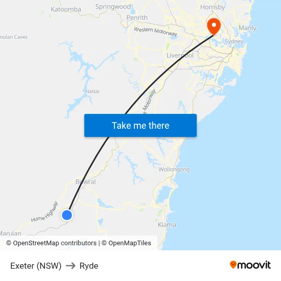 Exeter (NSW) to Ryde map