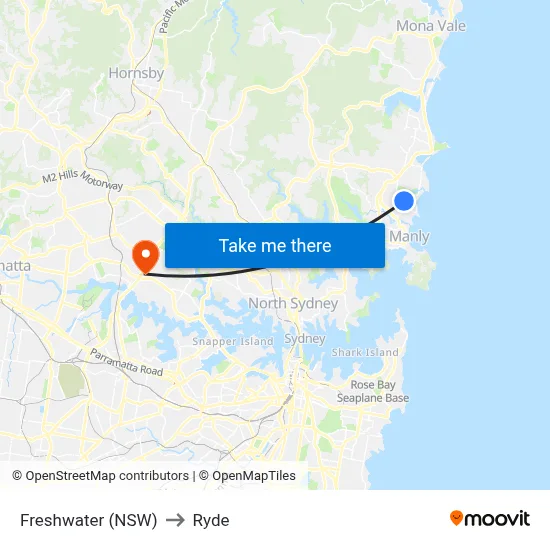 Freshwater (NSW) to Ryde map