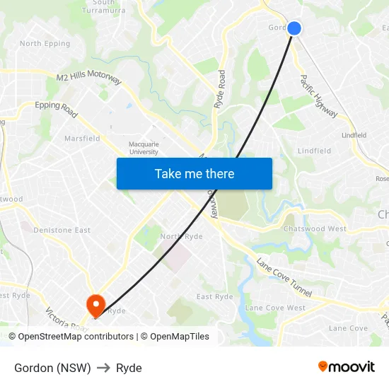 Gordon (NSW) to Ryde map