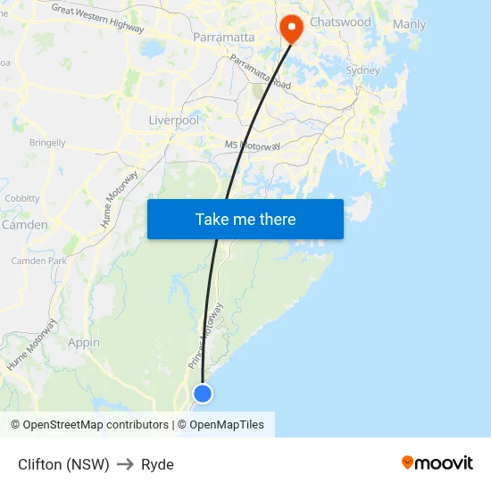 Clifton (NSW) to Ryde map
