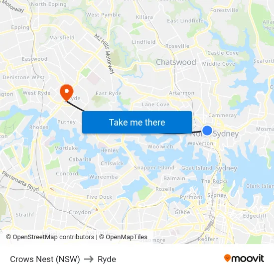 Crows Nest (NSW) to Ryde map