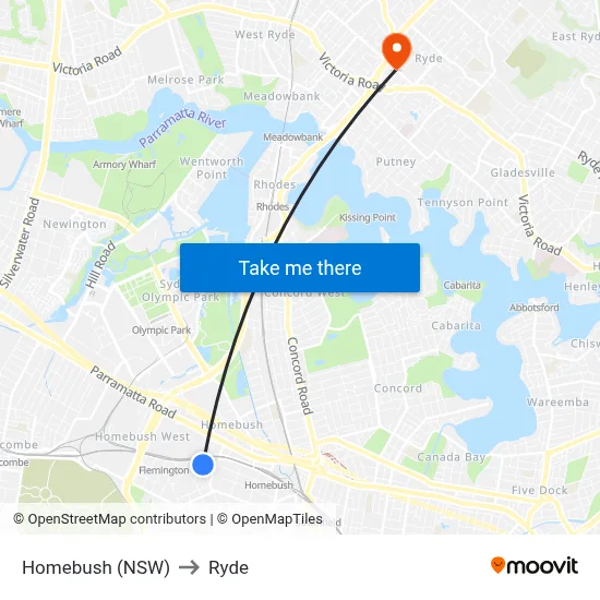 Homebush (NSW) to Ryde map