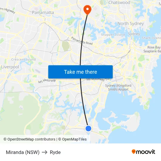 Miranda (NSW) to Ryde map