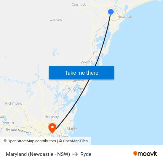 Maryland (Newcastle - NSW) to Ryde map