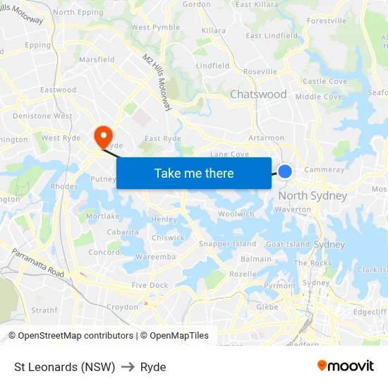 St Leonards (NSW) to Ryde map