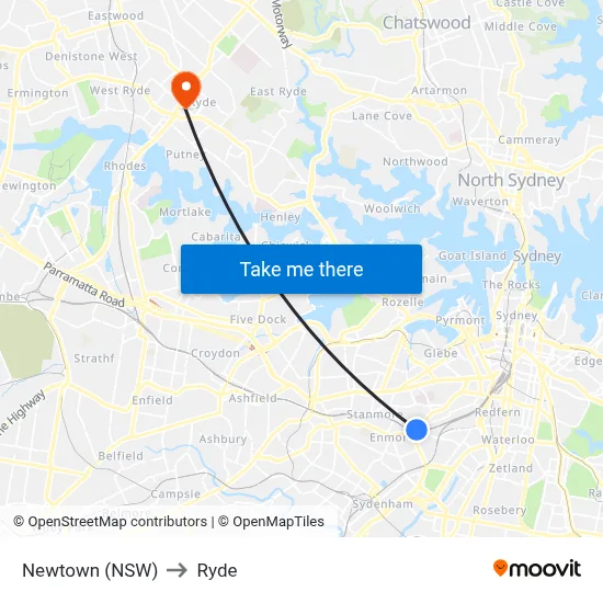 Newtown (NSW) to Ryde map