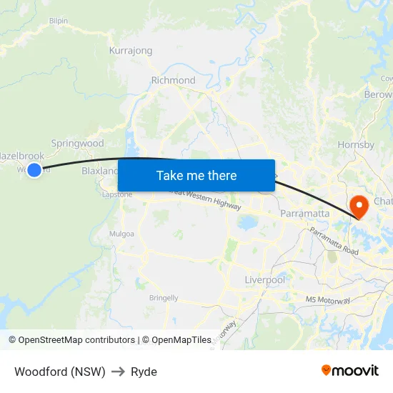 Woodford (NSW) to Ryde map