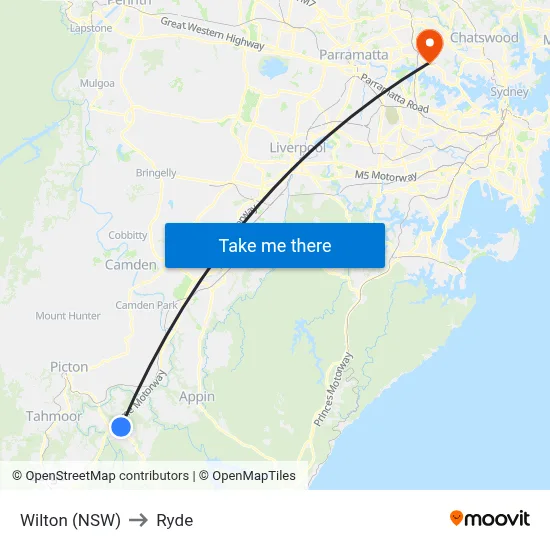 Wilton (NSW) to Ryde map
