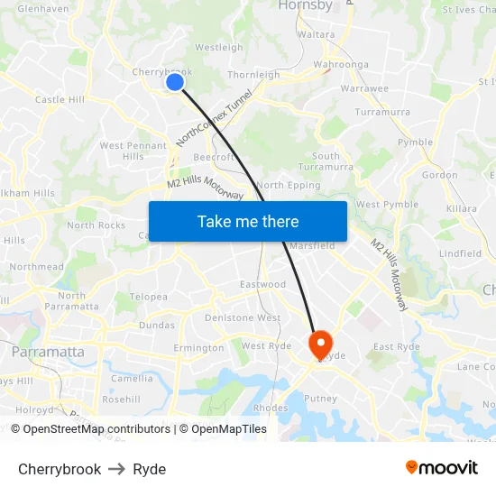 Cherrybrook to Ryde map