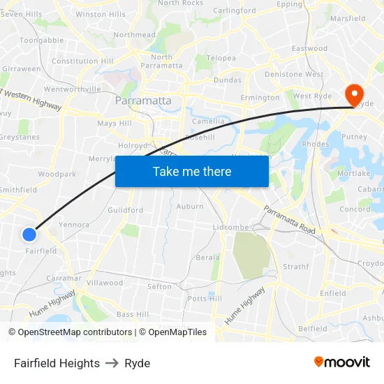 Fairfield Heights to Ryde map