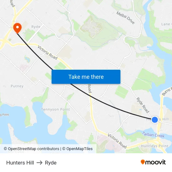 Hunters Hill to Ryde map