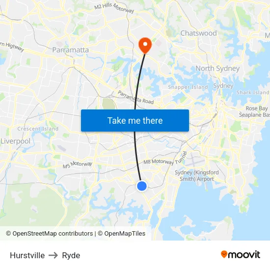 Hurstville to Ryde map