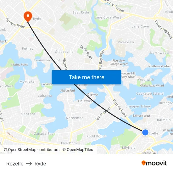 Rozelle to Ryde map