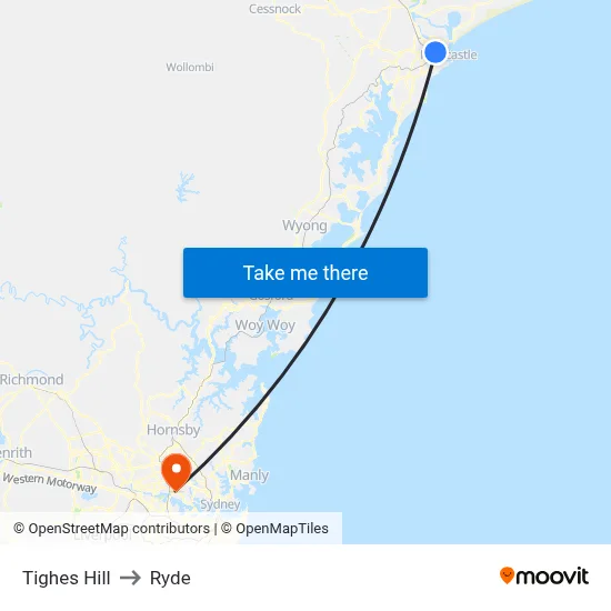 Tighes Hill to Ryde map