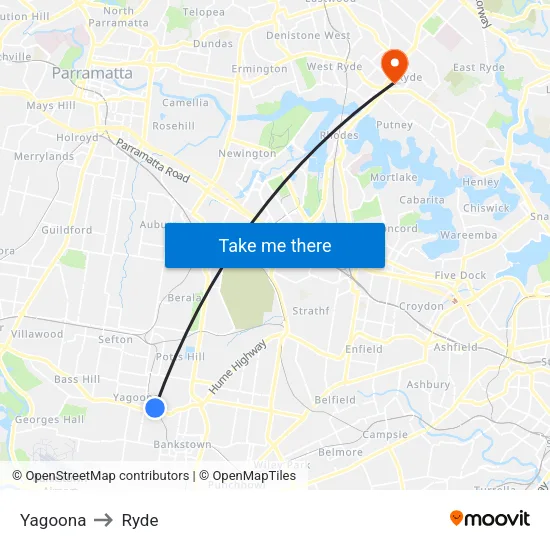 Yagoona to Ryde map