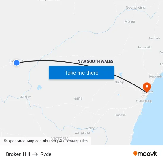 Broken Hill to Ryde map