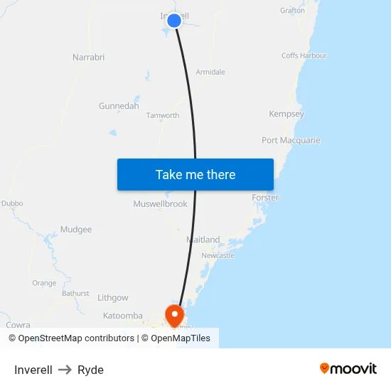 Inverell to Ryde map
