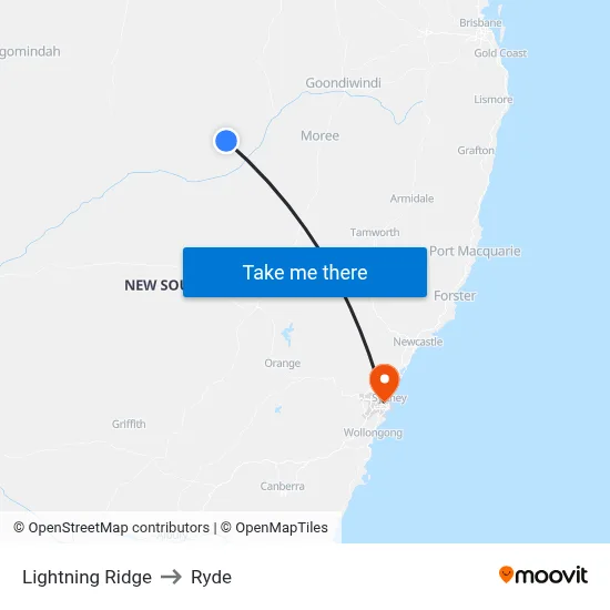 Lightning Ridge to Ryde map