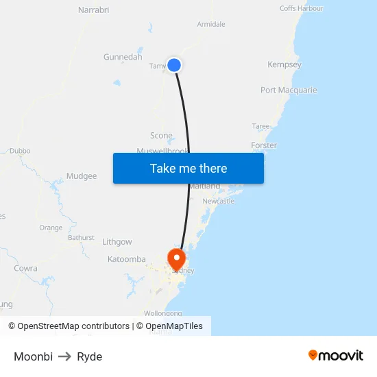 Moonbi to Ryde map