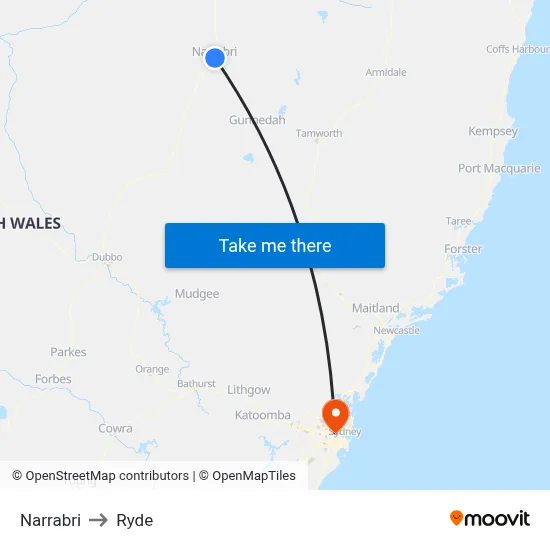 Narrabri to Ryde map