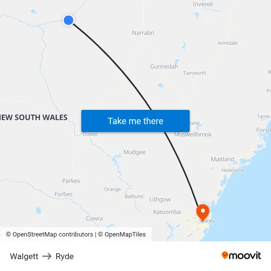 Walgett to Ryde map