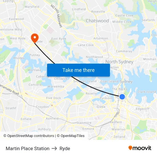 Martin Place Station to Ryde map