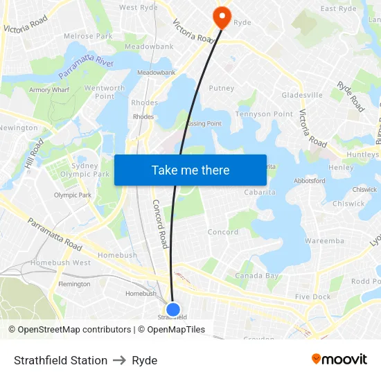 Strathfield Station to Ryde map