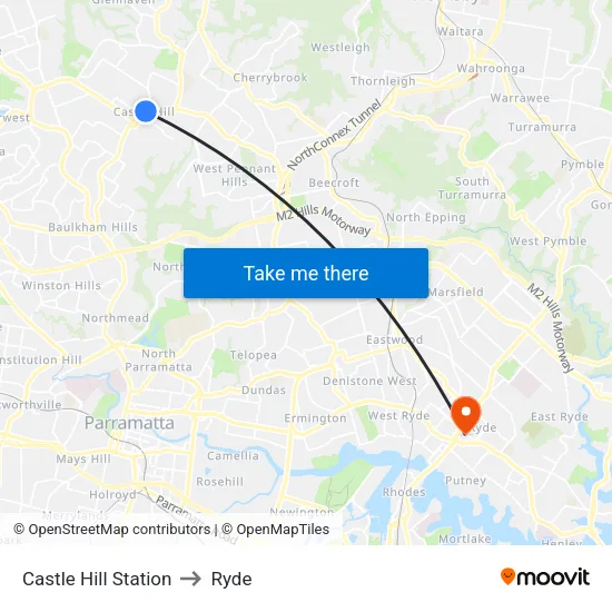 Castle Hill Station to Ryde map