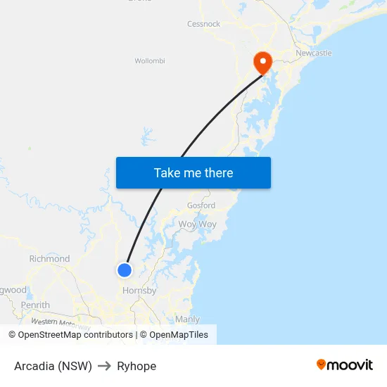 Arcadia (NSW) to Ryhope map