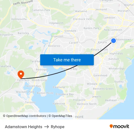 Adamstown Heights to Ryhope map