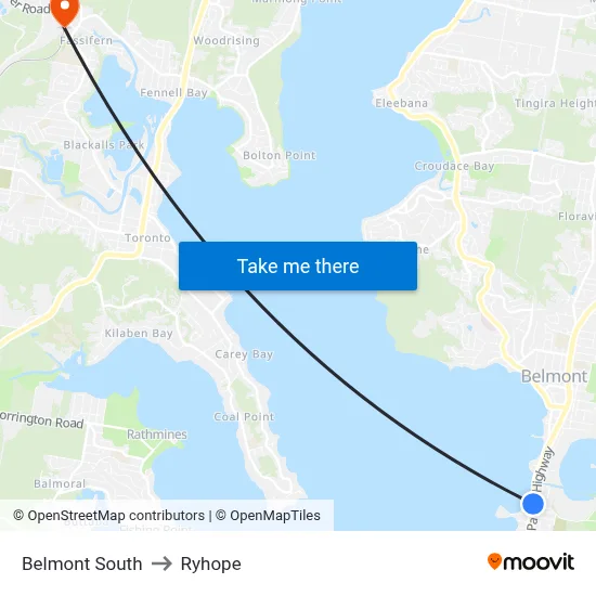 Belmont South to Ryhope map