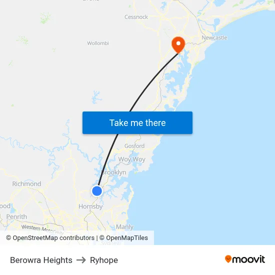Berowra Heights to Ryhope map